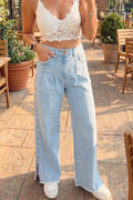 Beau Blue Studded Side Slit Leg Frayed Pocketed Wide Leg Jeans