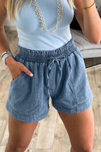 Dusk Blue Smocked Elastic Waist Denim Shorts