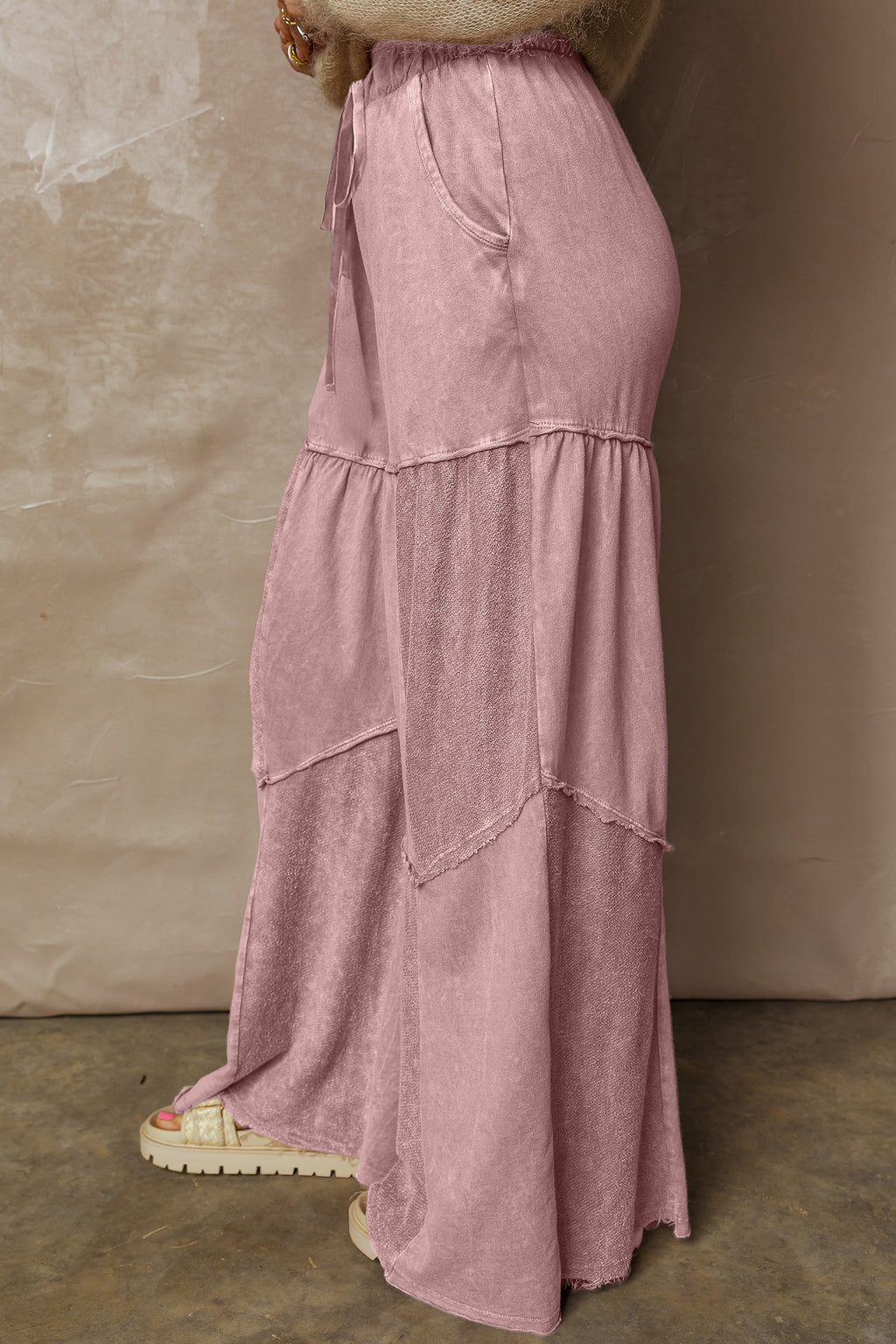 Black Mineral Wash Tiered Wide Leg Patchwork Drawstring Pants