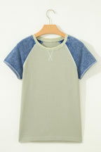 Laurel Green Waffle Knit Seam Detail Color Block Patchwork Short Sleeve Top