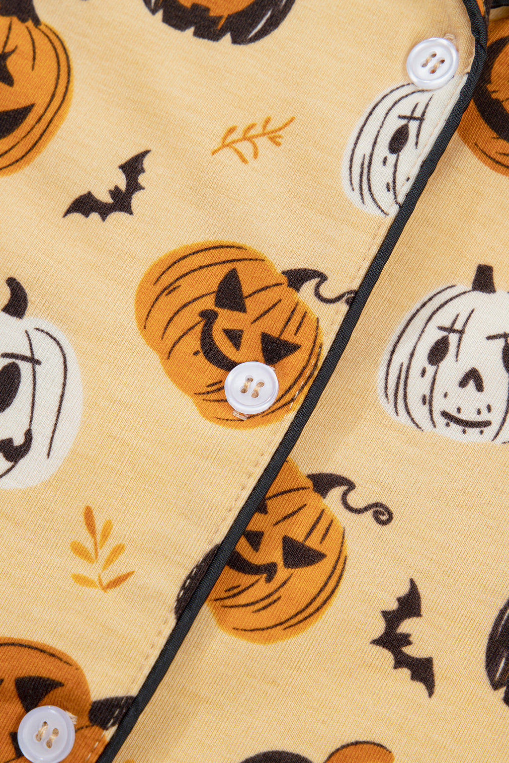 Orange Long Sleeve Ruffle Pumpkin Face Print Two Piece Lounge Set
