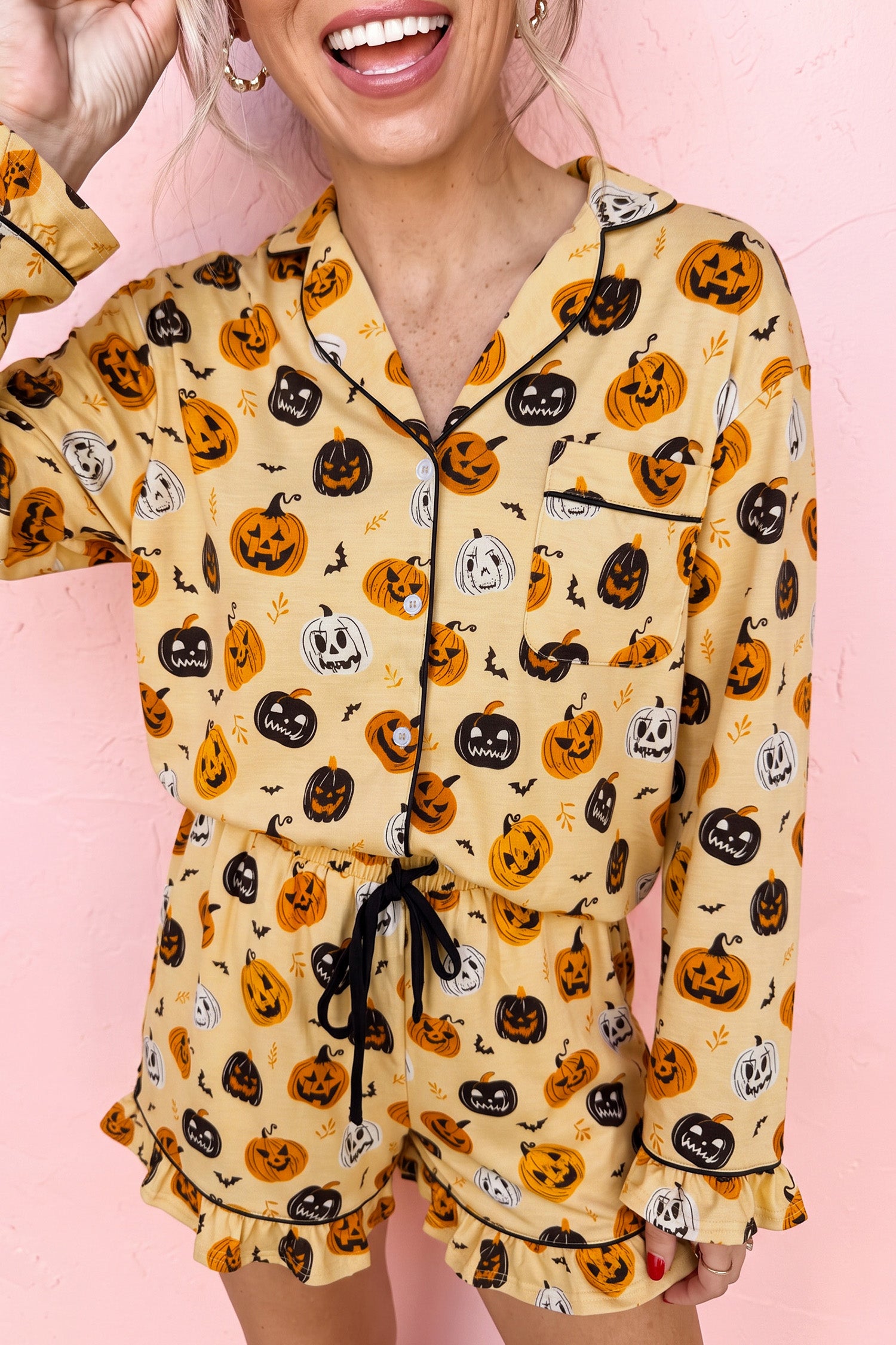 Orange Long Sleeve Ruffle Pumpkin Face Print Two Piece Lounge Set