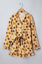 Orange Long Sleeve Ruffle Pumpkin Face Print Two Piece Lounge Set