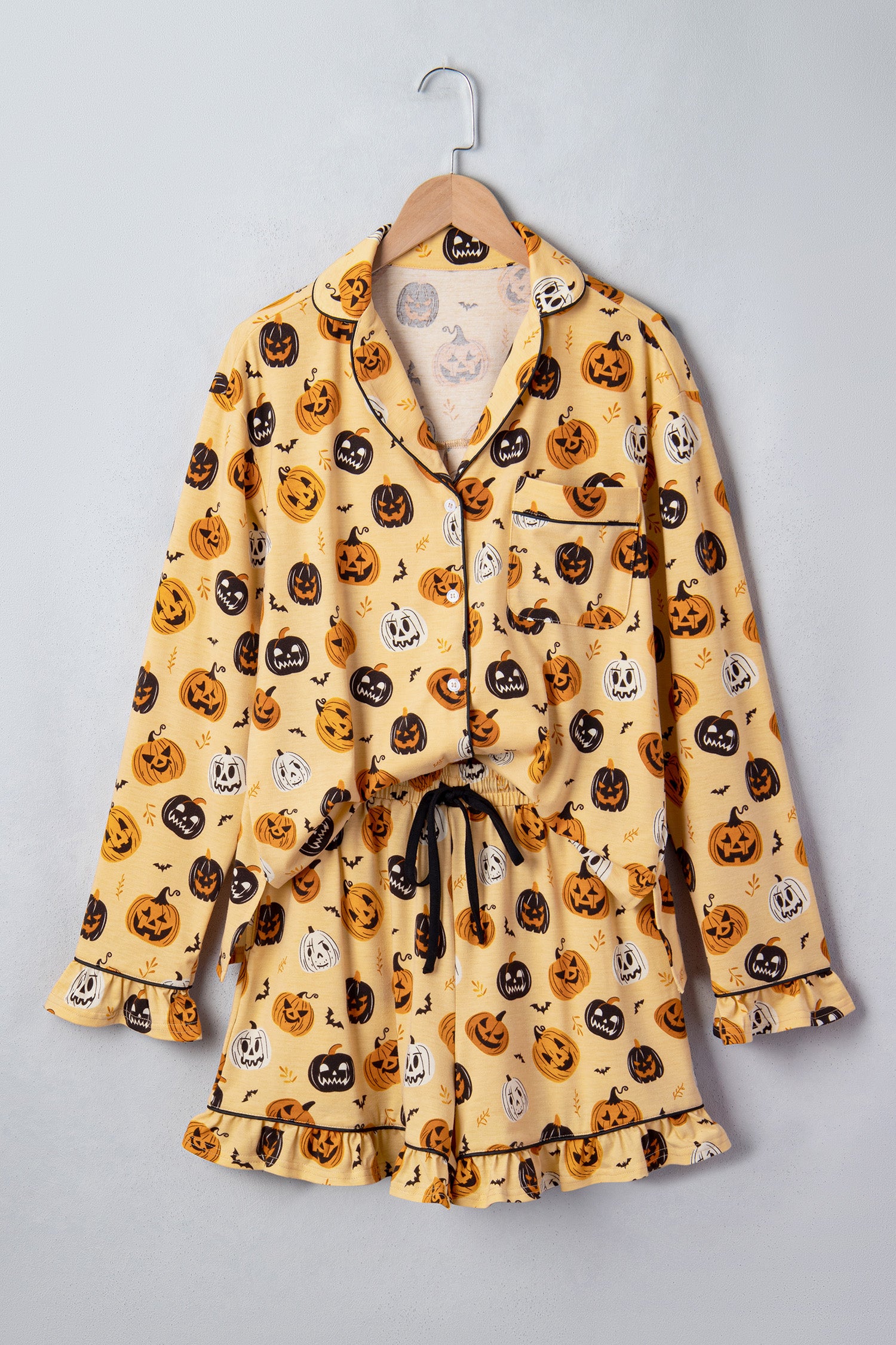 Orange Long Sleeve Ruffle Pumpkin Face Print Two Piece Lounge Set