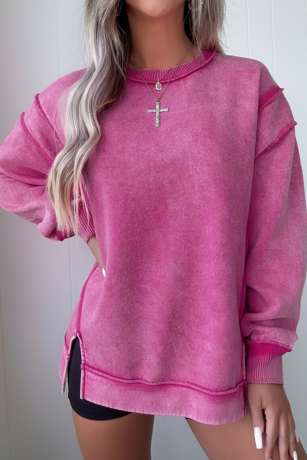 Red Sandalwood Mineral Wash Exposed Seam Side Slit Sweatshirt