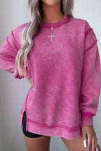 Red Sandalwood Mineral Wash Exposed Seam Side Slit Sweatshirt