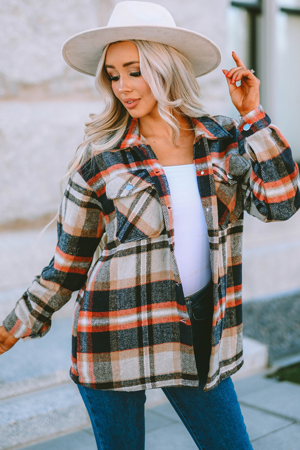 Orange Geometric Plaid Print Pocketed Shacket