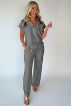 Gray Half Zip Polo Tee Casual Pant Set