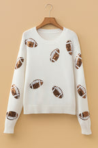 Beige Sequin Football Print Round Neck Long Sleeve Loose Fit Sweater