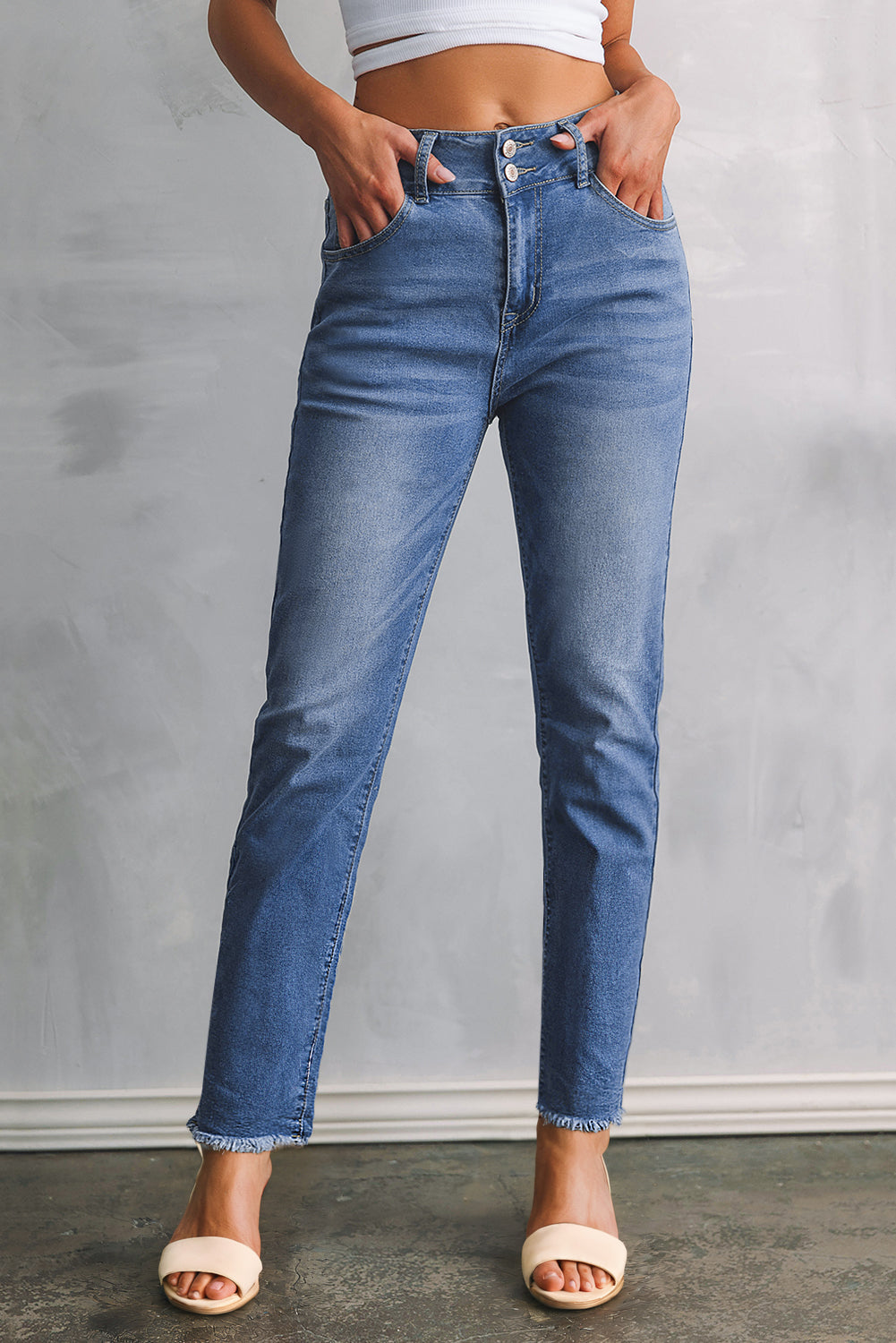 Sky Blue Double Button Raw Hem Slim Fit Jeans