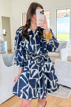 Blue Abstract Geometric Print Zip Front Tie Waist Shift Dress