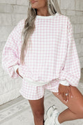 Pink Plaid Baggy Pullover Drawstring Casual Shorts 2pcs Outfit