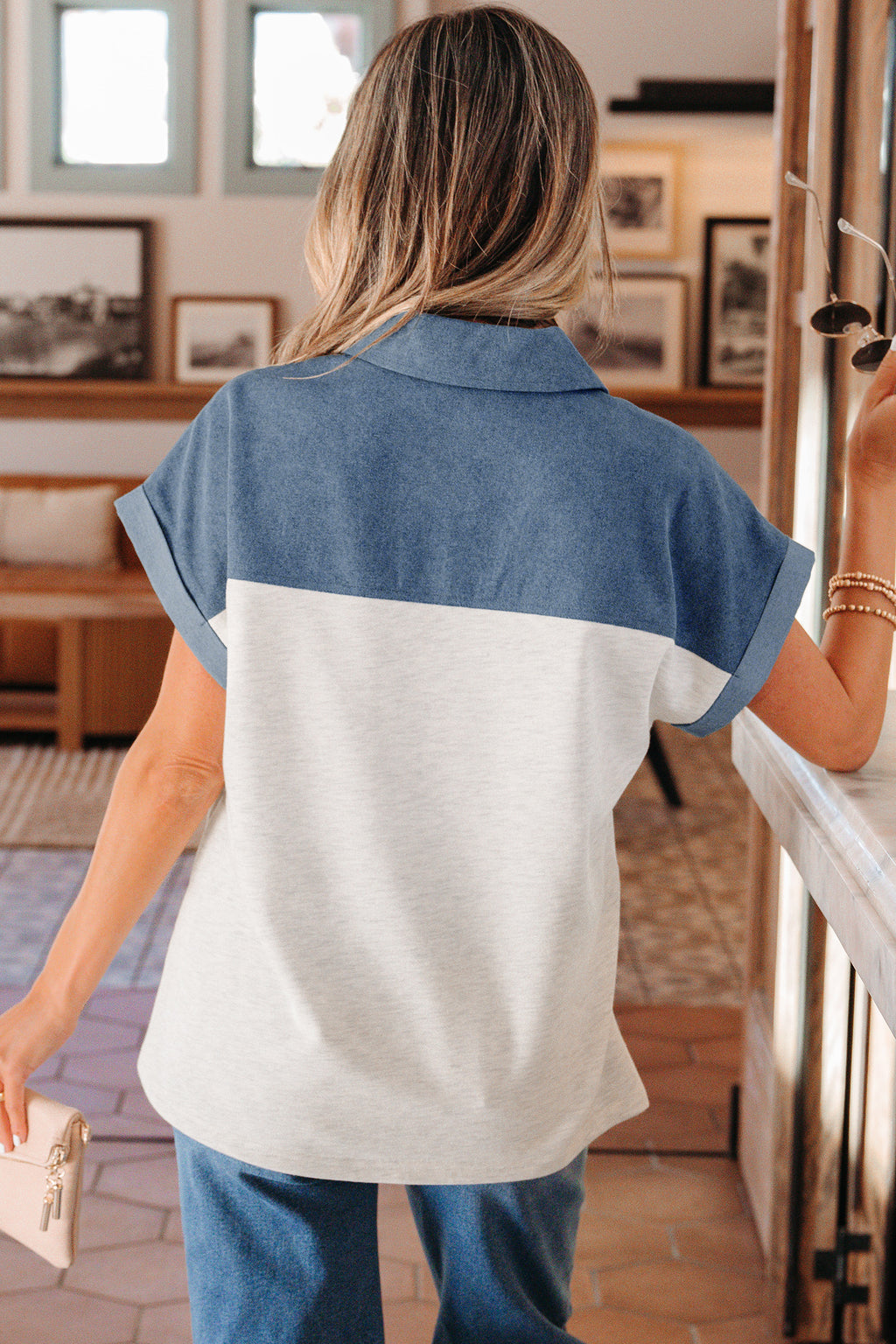Black Color Block Denim Patchwork Button Polo Collar Short Sleeve Top