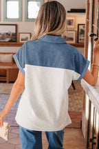 Black Color Block Denim Patchwork Button Polo Collar Short Sleeve Top