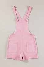 Pink Solid Color Knot Straps Denim Romper with Pockets