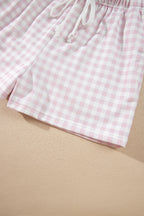 Pink Plaid Baggy Pullover Drawstring Casual Shorts 2pcs Outfit