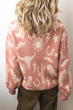 Peach Blossom Western Print Drop Shoulder Round Neck Long Sleeve Sweater