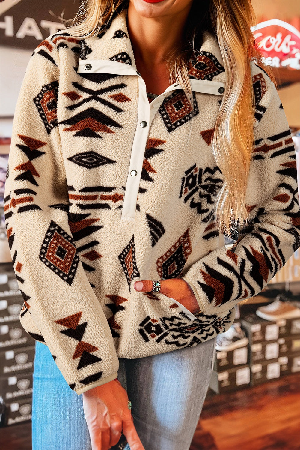 Black Western Aztec Half Placket Plush Sweatshirt