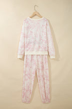 Pink Abstract Print Drop Shoulder Drawstring Waist Drawstring Hem Pant Set