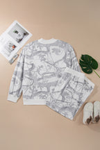 Gray Camouflage Print Stand Neck Long Sleeve Regular Fit Plus Size Set