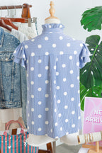 Sky Blue Stripe Contrast Polka Dot Print Pleated Ruffle Sleeve Shirt