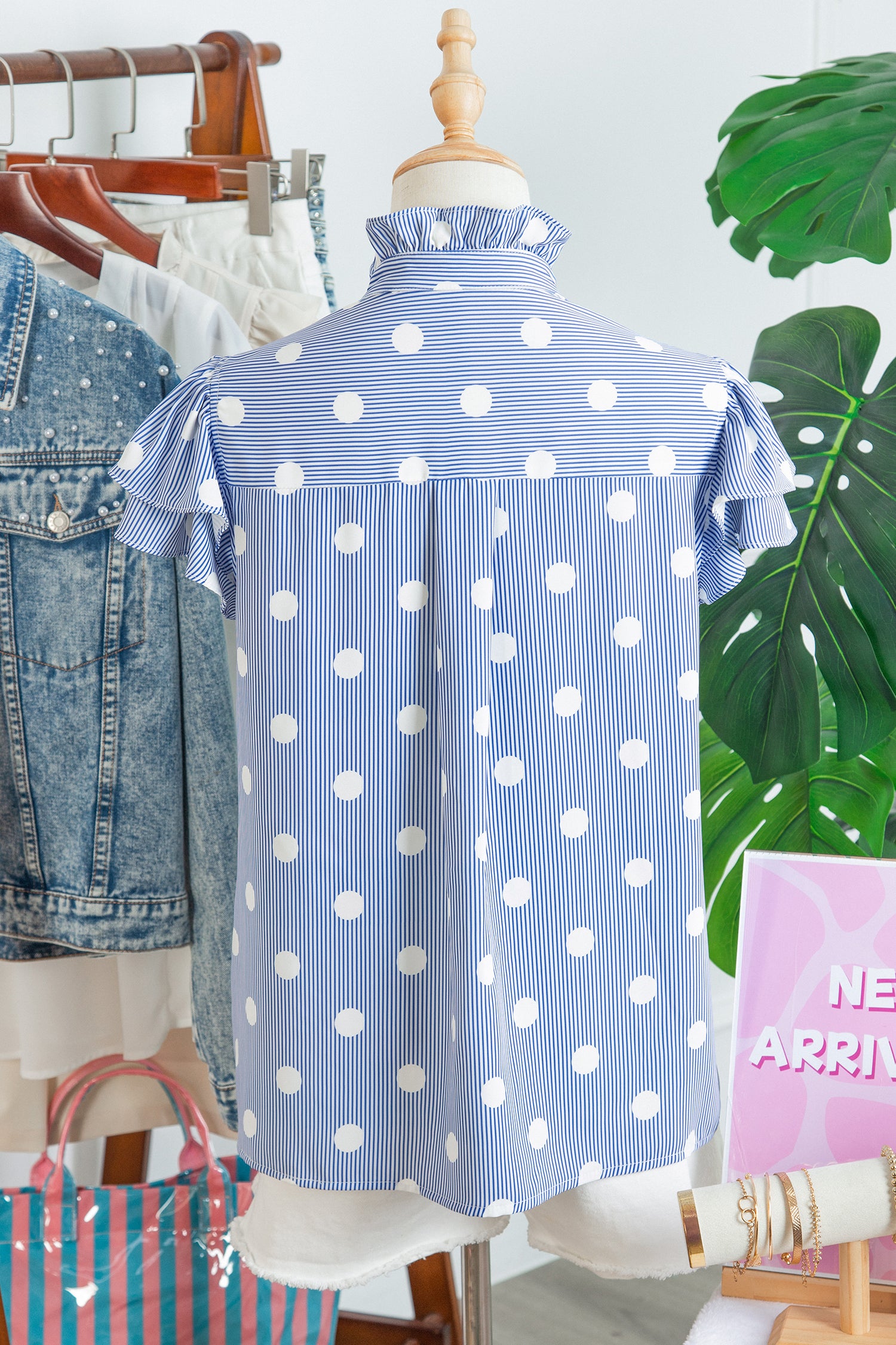 Sky Blue Stripe Contrast Polka Dot Print Pleated Ruffle Sleeve Shirt
