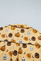Orange Long Sleeve Ruffle Pumpkin Face Print Two Piece Lounge Set