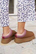 Black Faux Suede Embroidered Detail Plush Lined Platform Slippers