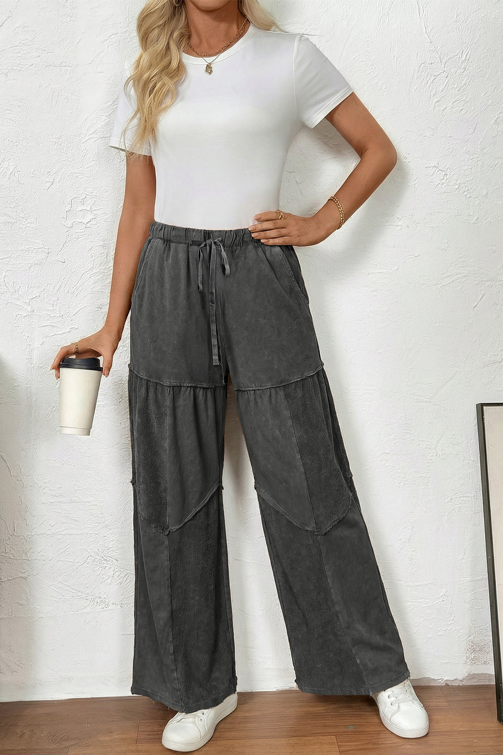 Black Mineral Wash Tiered Wide Leg Patchwork Drawstring Pants