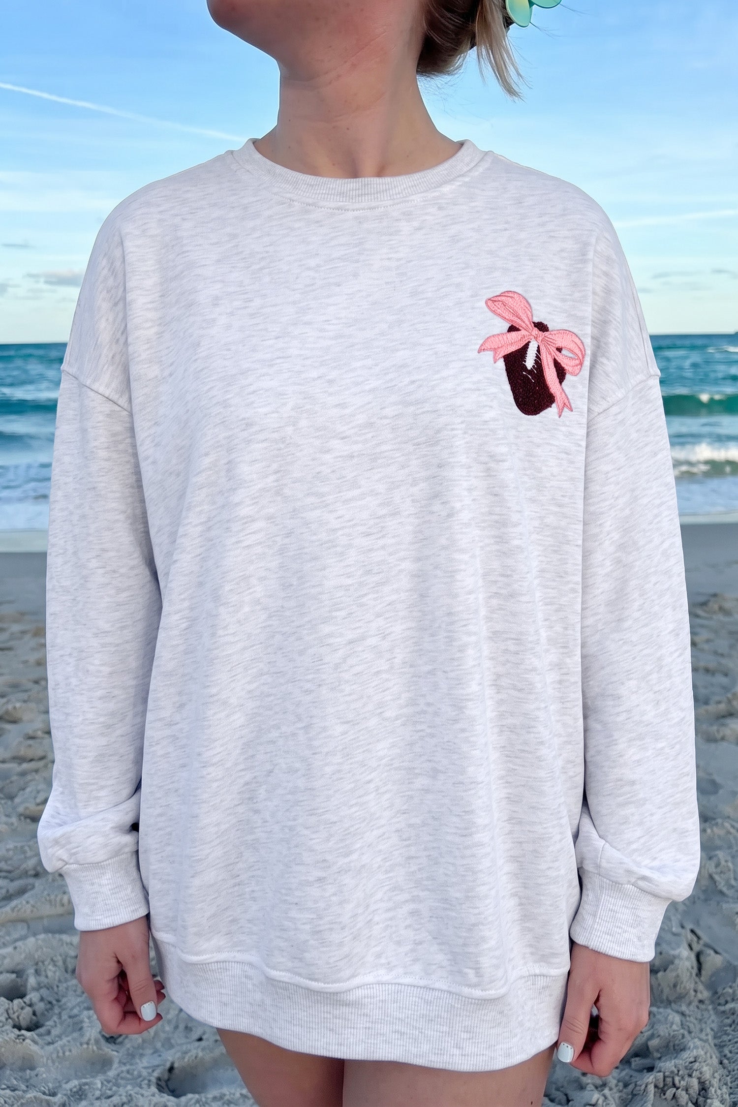 Light Grey Embroidered Football Bow Back Long Sleeve Sweatshirt