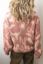 Peach Blossom Western Print Drop Shoulder Round Neck Long Sleeve Sweater