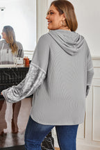 Gray Mixed Pattern Waffle Knit Patchwork Half Buttons Plus Hooded Top