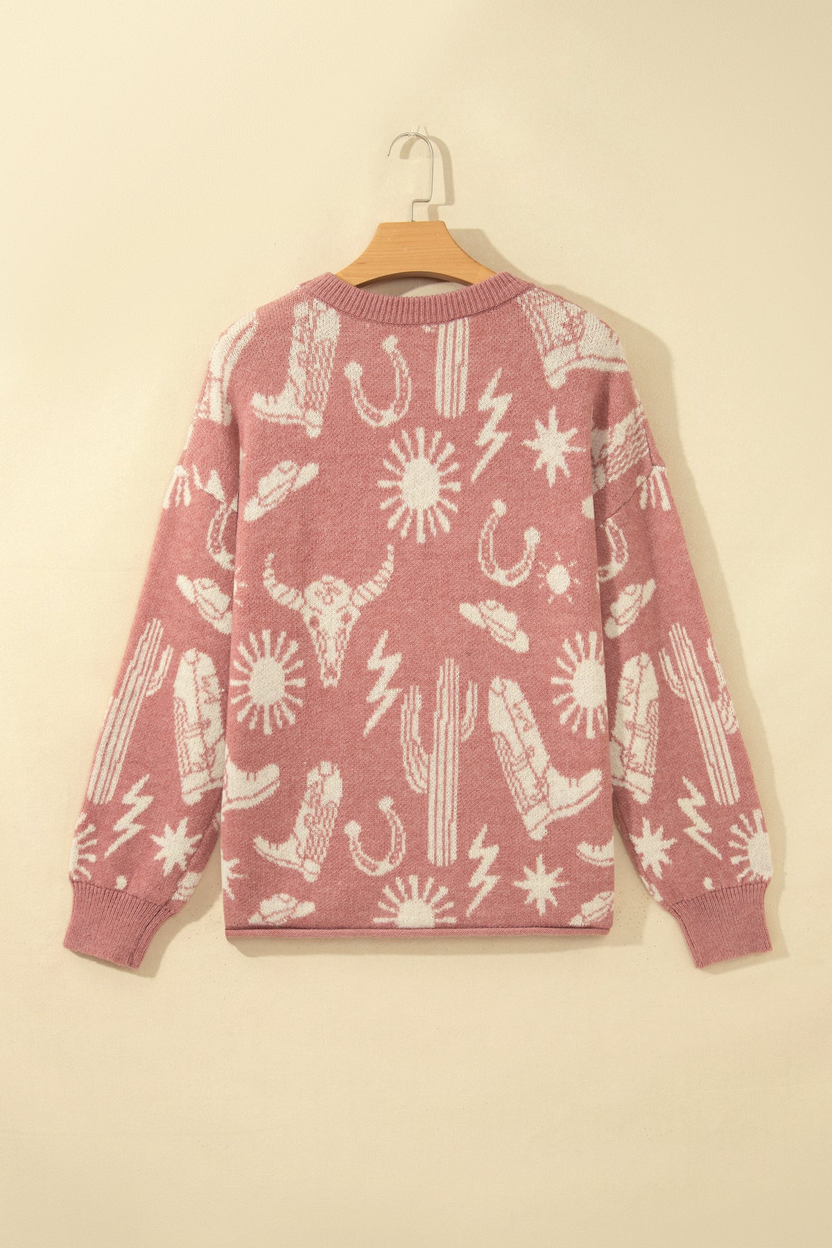 Peach Blossom Western Print Drop Shoulder Round Neck Long Sleeve Sweater
