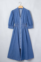 Blue V Neck Shirred Waist Metal Zipper Denim Midi Dress