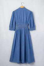 Blue V Neck Shirred Waist Metal Zipper Denim Midi Dress