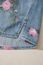 Blue Bracelet Sleeve Floral Denim Shirt