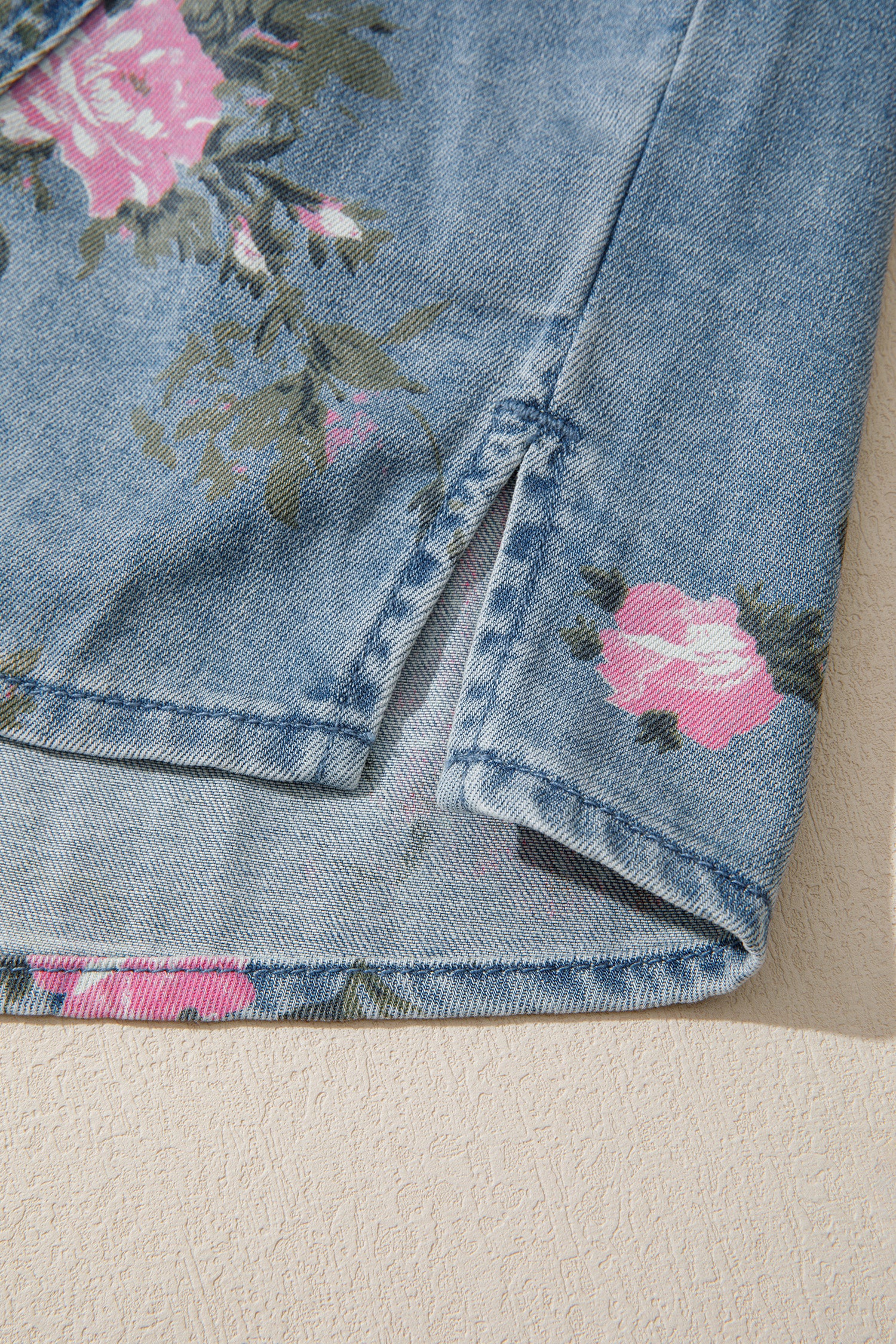Blue Bracelet Sleeve Floral Denim Shirt