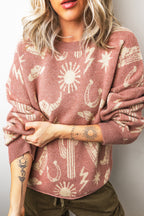 Peach Blossom Western Print Drop Shoulder Round Neck Long Sleeve Sweater