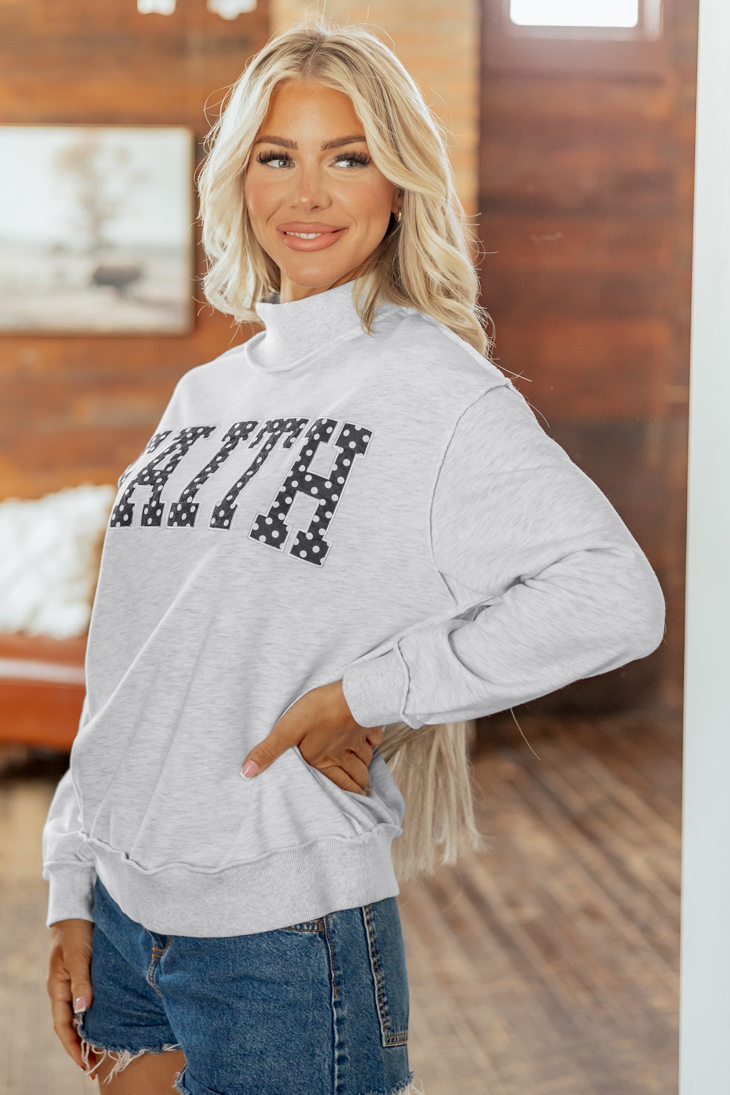 Light Grey High Neck Polka Dot Slogan Printed Baggy Sweatshirt