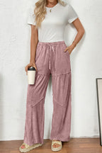 Black Mineral Wash Tiered Wide Leg Patchwork Drawstring Pants