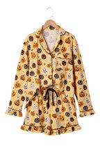 Orange Long Sleeve Ruffle Pumpkin Face Print Two Piece Lounge Set
