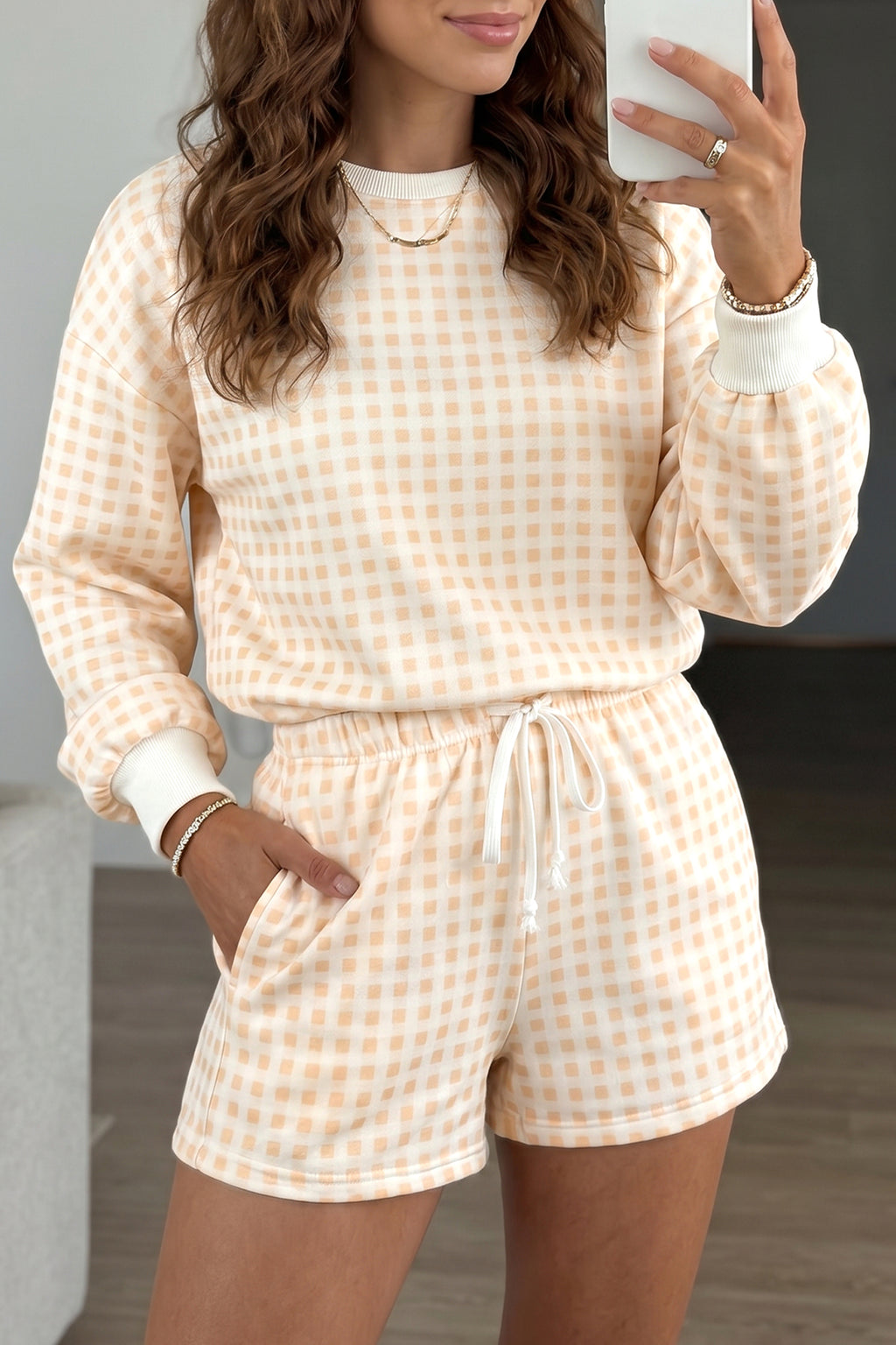 Pink Plaid Baggy Pullover Drawstring Casual Shorts 2pcs Outfit
