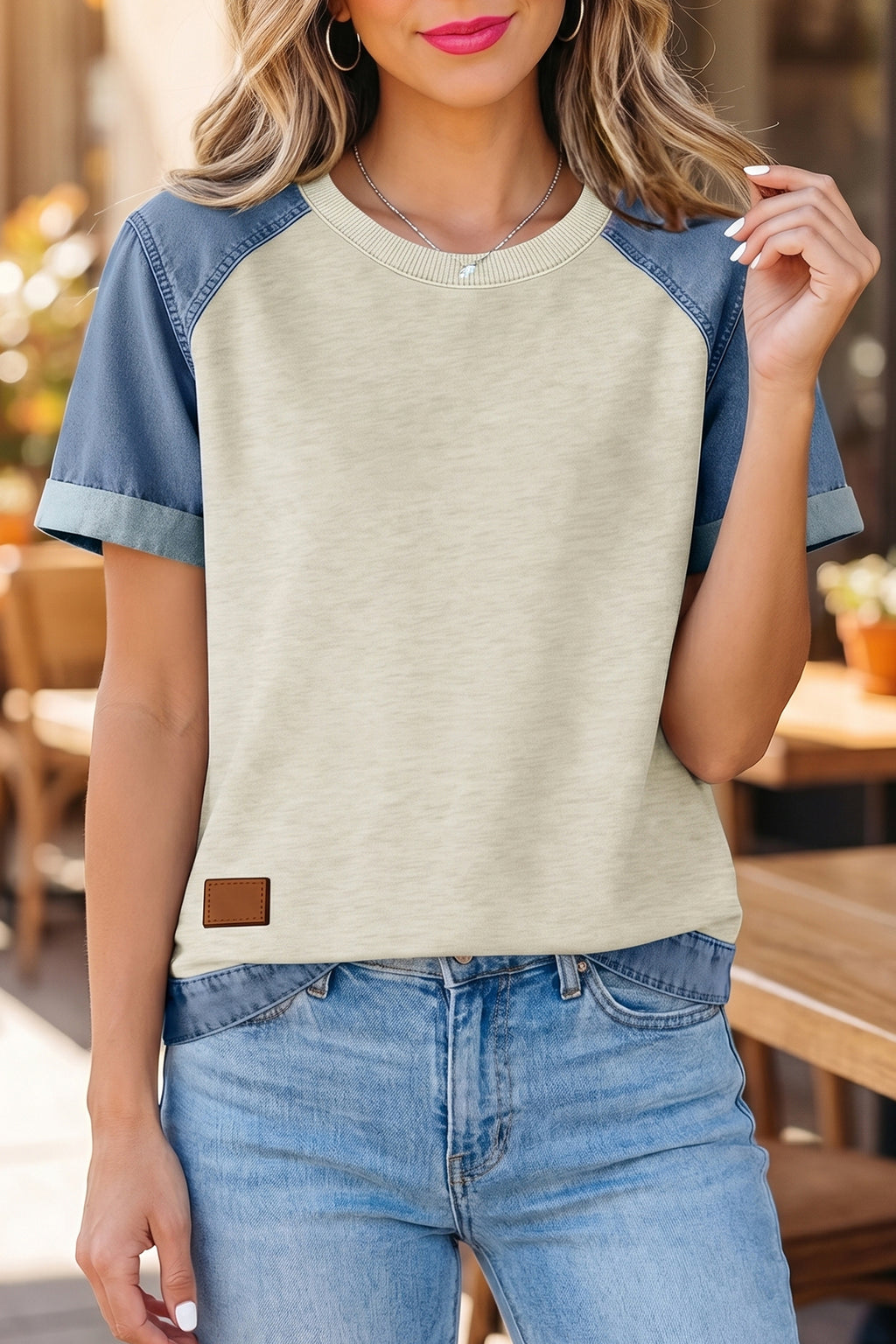 Beige Denim Color Block Patchwork Round Neck Tee
