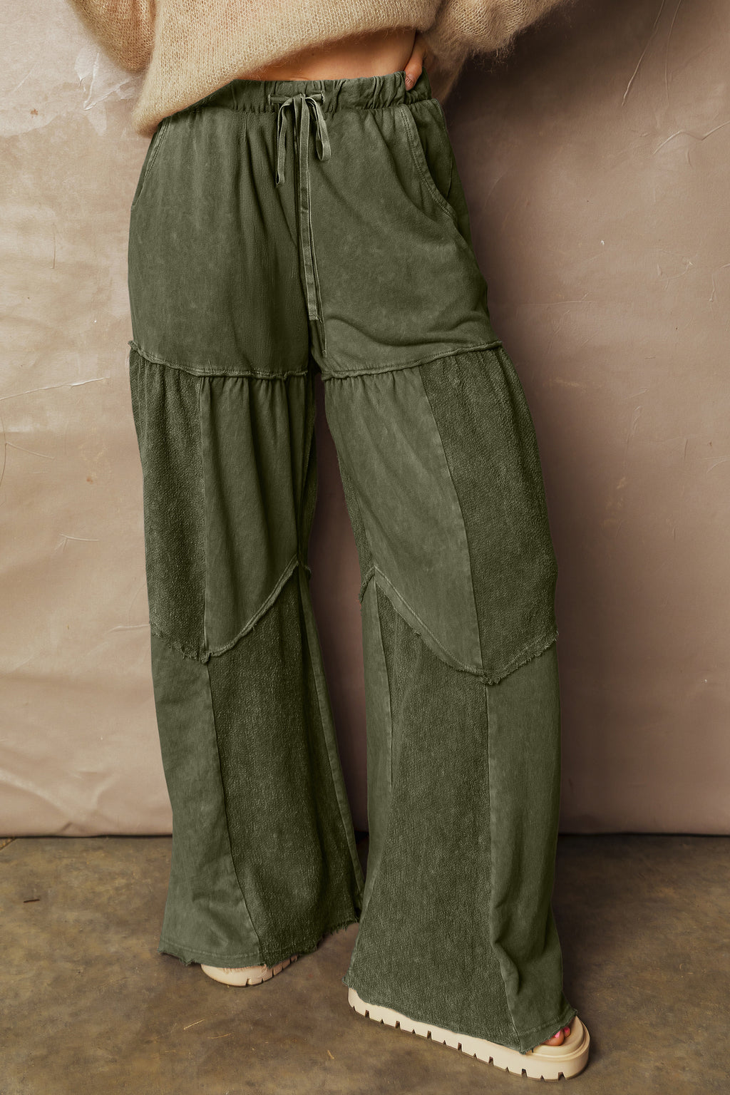Black Mineral Wash Tiered Wide Leg Patchwork Drawstring Pants