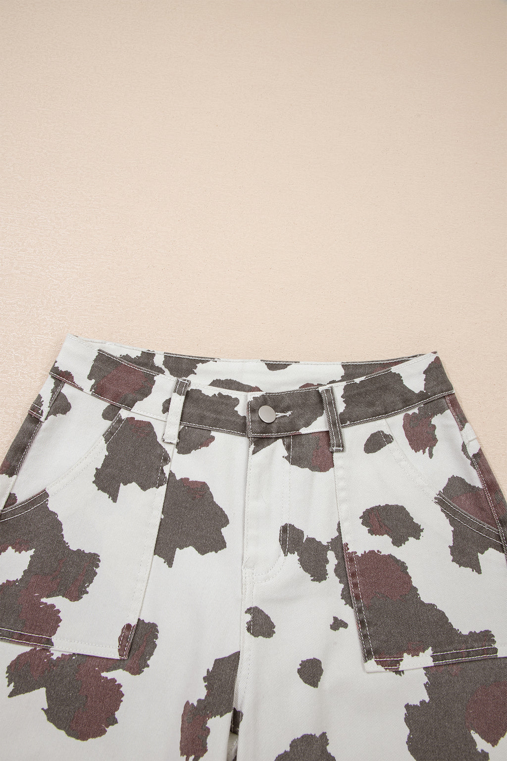 Brown Cow Spots Printed Multi Pocketed Jeans