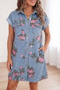 Sky Blue Denim Floral Print Cuffed Short Sleeve Button Down Shift Dress