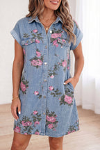 Sky Blue Denim Floral Print Cuffed Short Sleeve Button Down Shift Dress