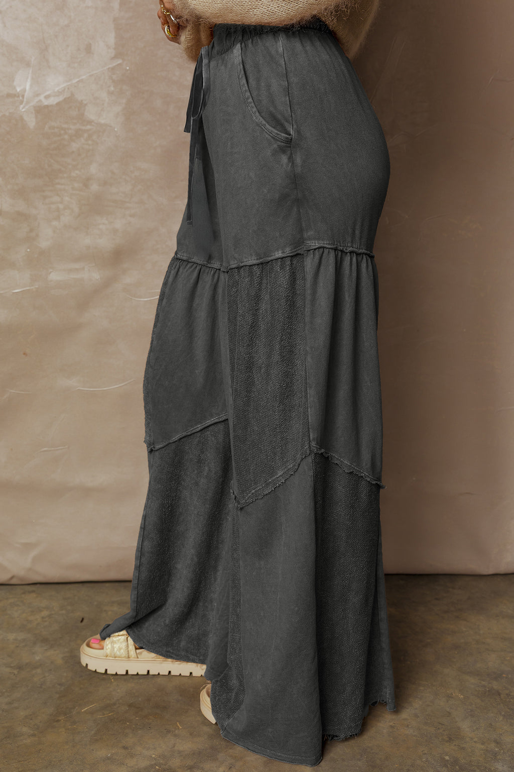 Black Mineral Wash Tiered Wide Leg Patchwork Drawstring Pants