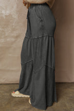 Black Mineral Wash Tiered Wide Leg Patchwork Drawstring Pants