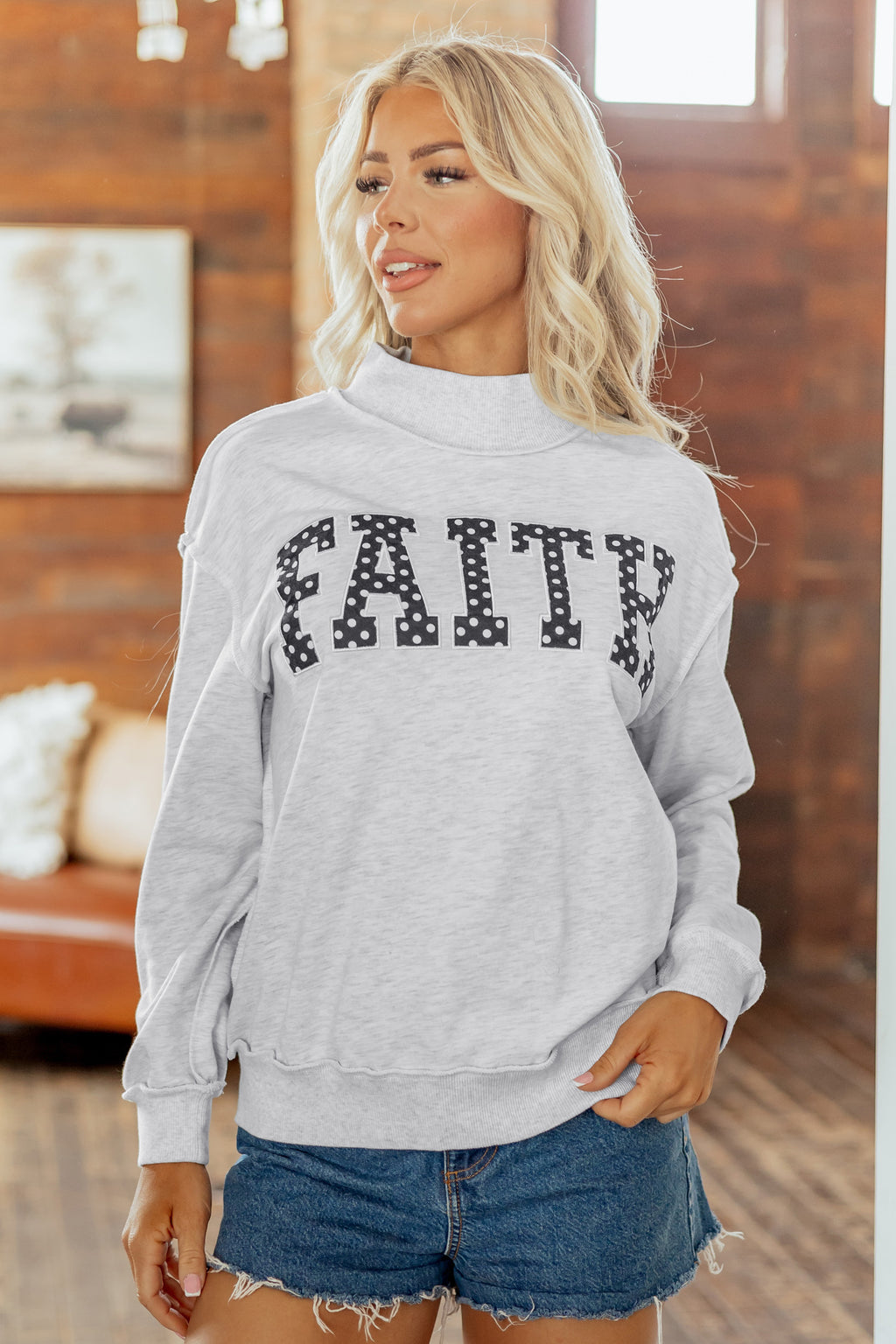 Light Grey High Neck Polka Dot Slogan Printed Baggy Sweatshirt